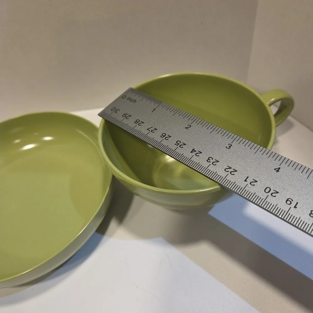 Vtg Prolon Melmac #7403 Olive Avocado Green Melamine Coffee Tea Cups Bowls Set 8